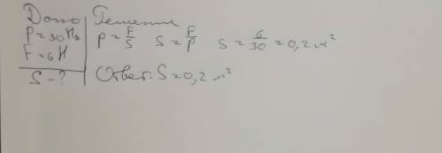  На крышку , закрывающую сосуд, газ оказывает давление в 30 Па,действуя на неё с силой 6Н .Какова пл