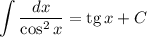 \displaystyle \int \dfrac{dx}{\cos^{2}x} = \text{tg} \, x + C