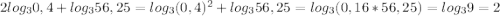 2log_30,4+log_356,25=log_3(0,4)^2+log_356,25=log_3(0,16*56,25)=log_39=2