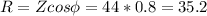 \displaystyle R=Zcos\phi=44*0.8=35.2