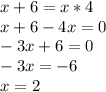 x+6=x*4\\x+6-4x=0\\-3x+6=0\\-3x= -6\\x=2\\