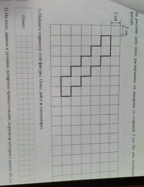 На рисунке дано поле, расчерченное на квадраты со стороной 3 см. На нем изображена фигура.(изображен