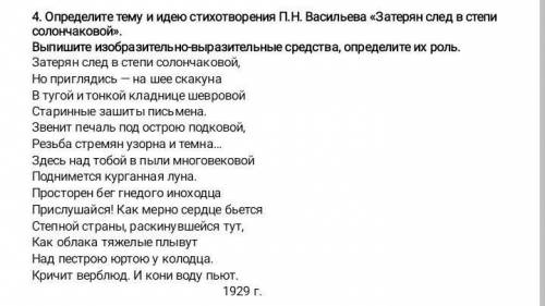 Определите тему и идею стихотворения П.Н. Васильева «Затерян след в степи солончаковой».​ Выпишите и