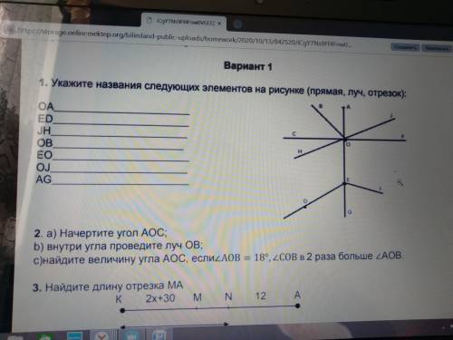 Укажите названия следующих элементов на рисунке (прямая,луч,отрезок): OA, ED, GH, OB, EO, OJ, AG 1 в