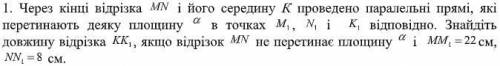 Через кінці відрізка MN і його середину К проведено паралельні прямі, які перетинають деяку площину 