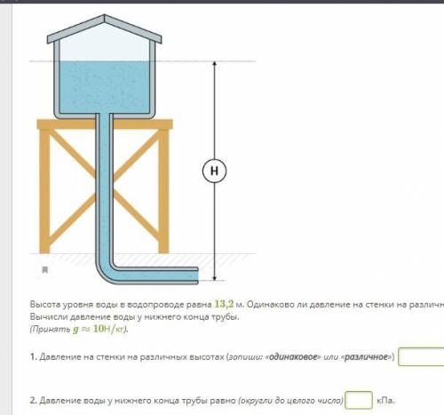 Высота уровня воды в водопроводе равна 13,2 м. Одинаково ли давление на стенки на различных высотах?