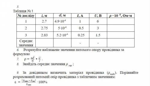 Перевод: Хід роботи: Виміряйте довжину провідника l лінійкою, а діаметр дроту d - мікрометром у трьо