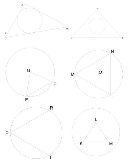 Найди треугольники, около которых описана окружность. KLM  EFG  DEF  PRT  MNL  ABC