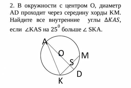 В окружности с центром О, диаметр АD проходит через середину хорды KM. Найдите все внутренние  углы 