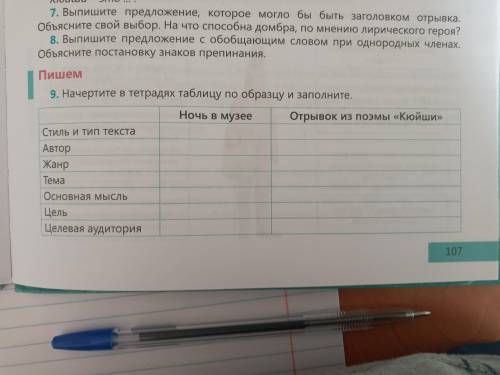 Начертите в тетрадях таблицу по образцу и заполните. Ночь в музее Отрывок из поэмы «Кюйши» Стиль и т