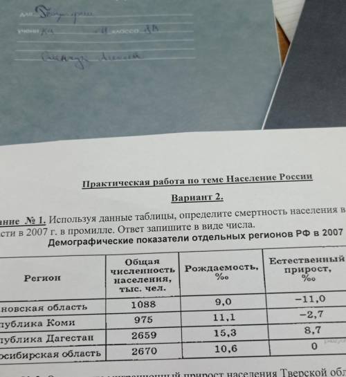 Практическая работа по теме Население России Вариант 2. Задание No 1. Используя данные таблицы, опре