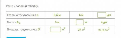 Реши и заполни таблицу. Сторона треугольника a  3,5 м 5 м дм Высота ha  5 м м 4 дм Площадь треугольн