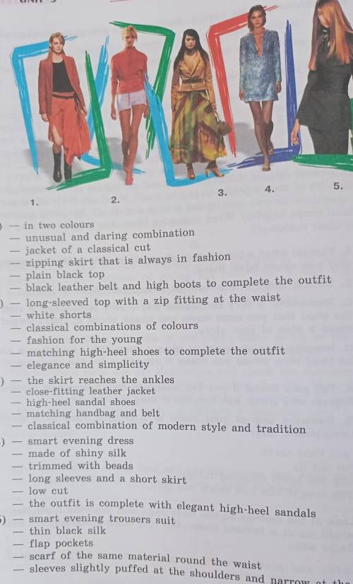 look at the clothes on the next page and describe them like you would do at a fashion show. use the 