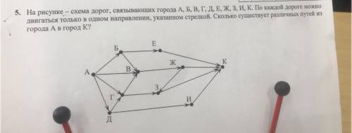 5. На рисунке — схема дорог, связывающих города А, Б, В, Г, Д, Е, Ж, З, И, К. По каждой дороге можно