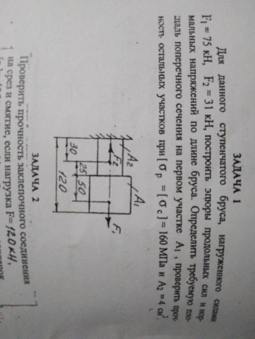Для данного ступенчатого бруса, нагруженного силами F1= 75 кН, F2 = 31 кН, построить эпюры продольны